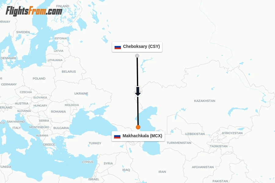 Flights from Cheboksary to Makhachkala route map