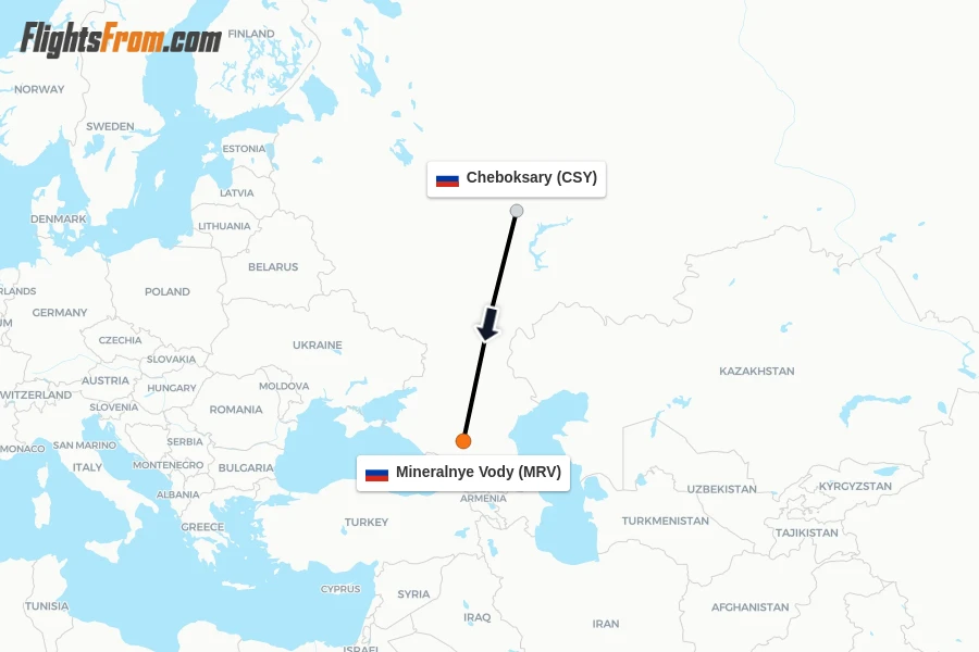 Flights from Cheboksary to Mineralnye Vody route map