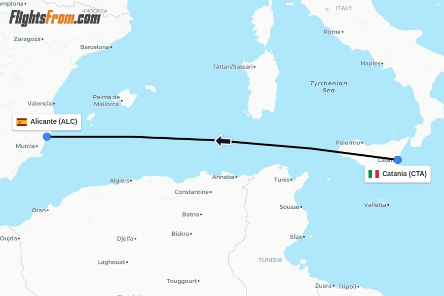 Flights from Catania to Alicante route map