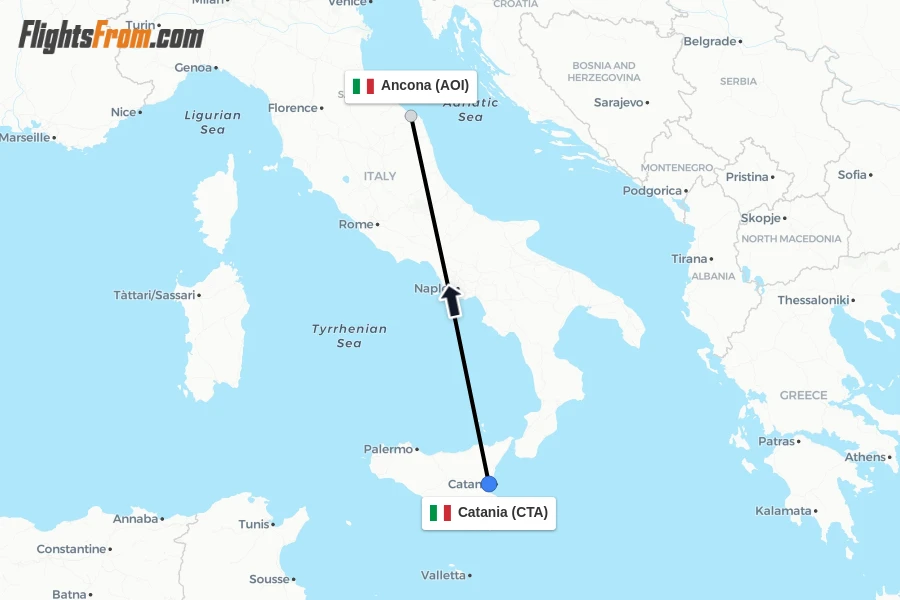 Flights from Catania to Ancona route map