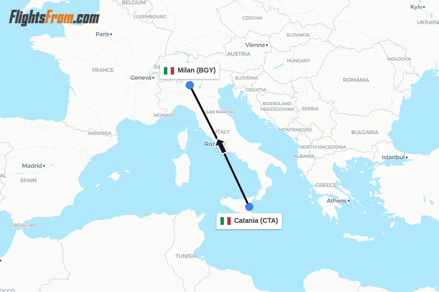 Flights from Catania to Milan route map