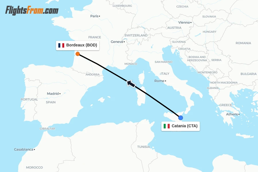 Flights from Catania to Bordeaux route map