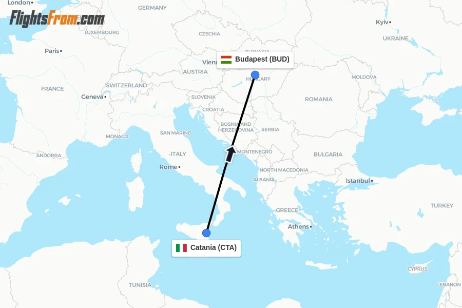 Flights from Catania to Budapest route map