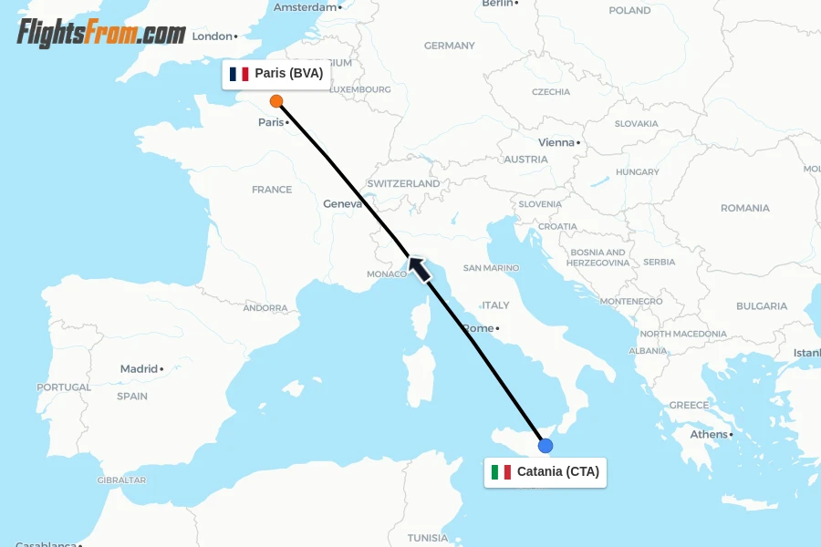 Flights from Catania to Paris route map