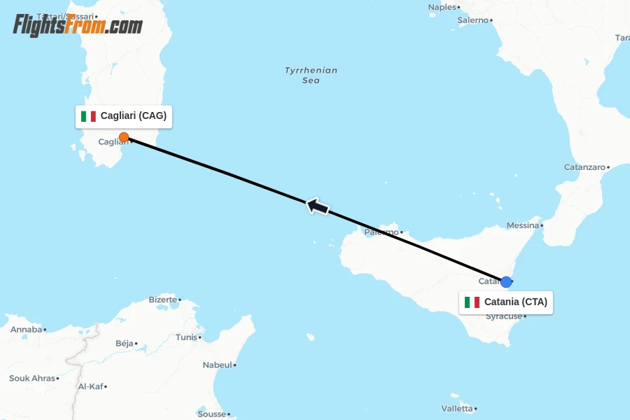 Flights from Catania to Cagliari route map