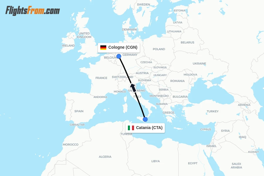Flights from Catania to Cologne route map
