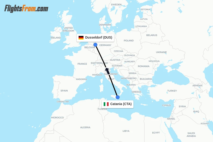 Flights from Catania to Dusseldorf route map