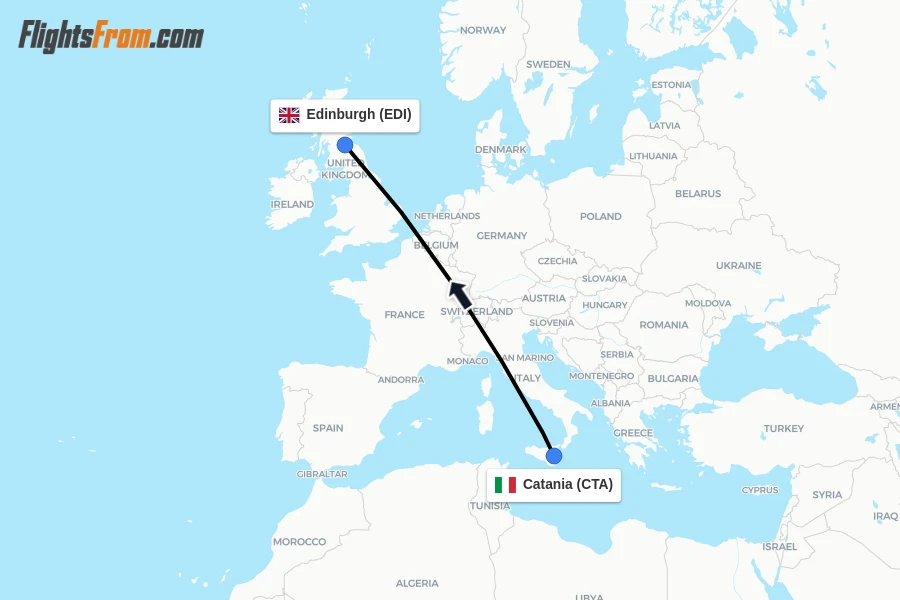 Flights from Catania to Edinburgh route map