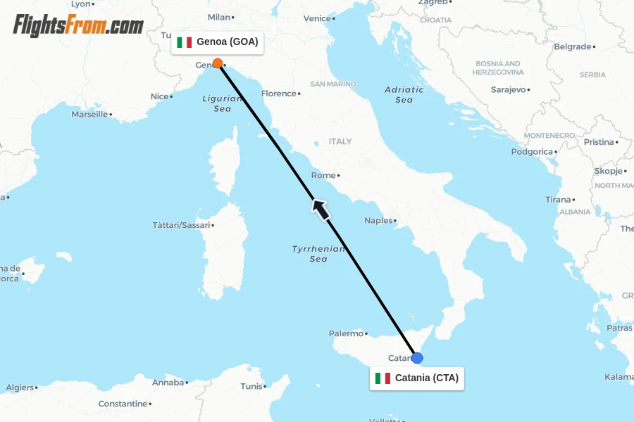 Flights from Catania to Genoa route map