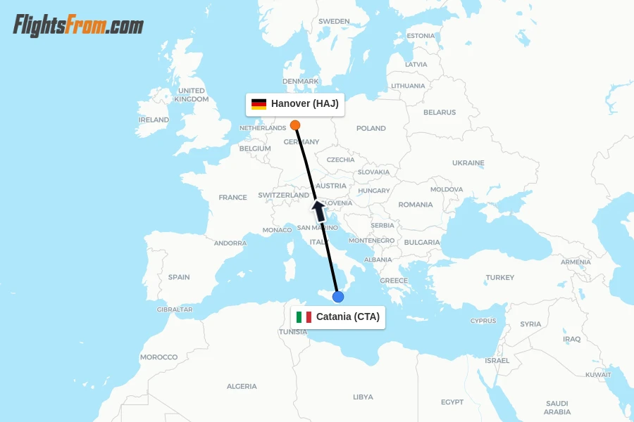 Flights from Catania to Hanover route map