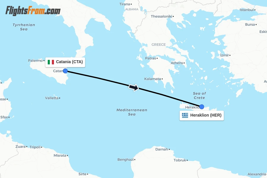 Flights from Catania to Heraklion route map