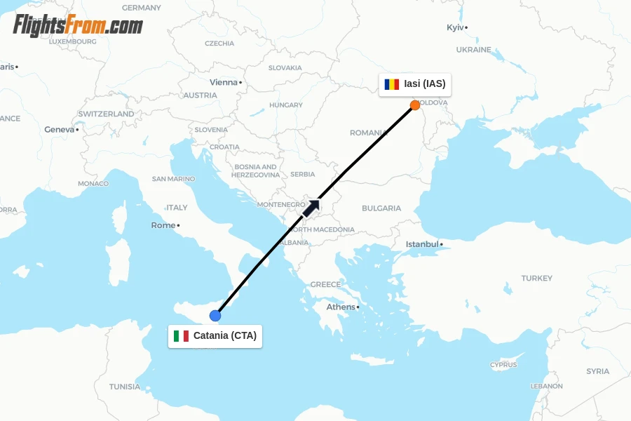 Flights from Catania to Iasi route map