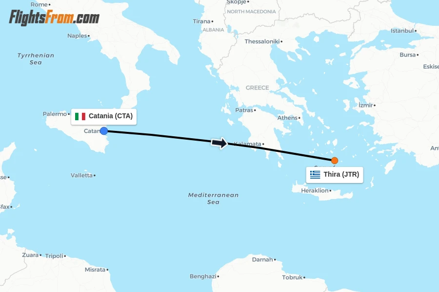 Flights from Catania to Thira route map