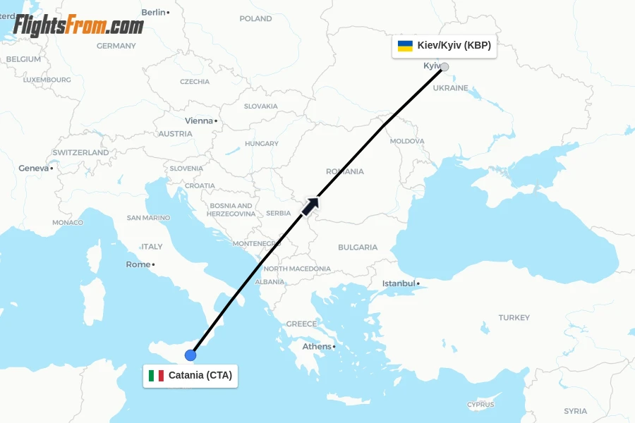 Flights from Catania to Kiev/Kyiv route map