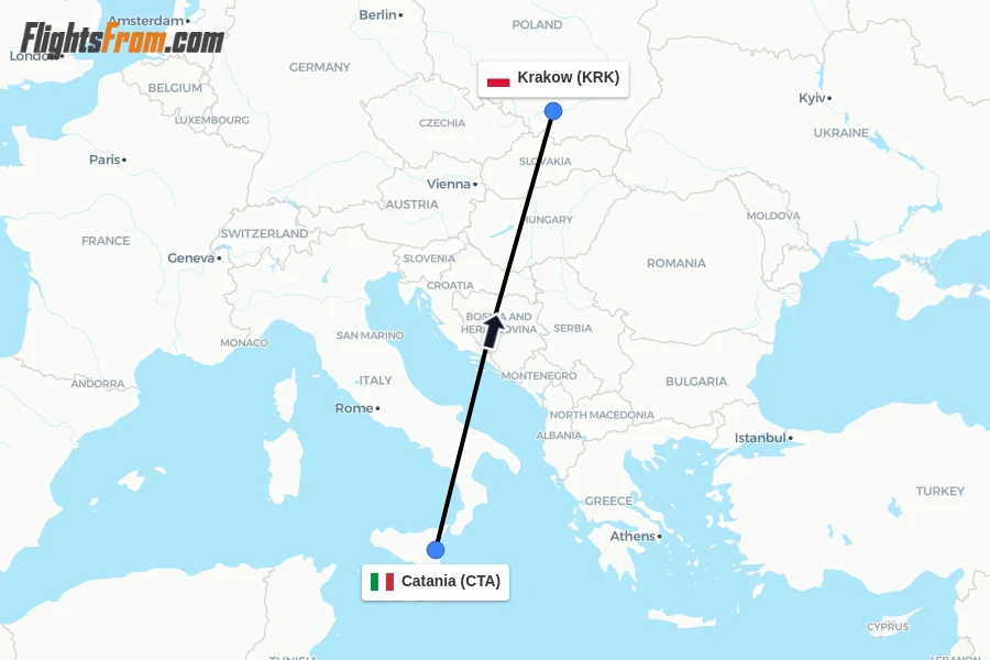Flights from Catania to Krakow route map