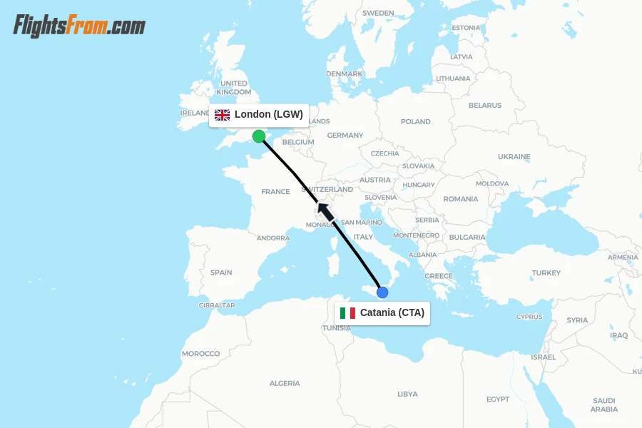 Flights from Catania to London route map