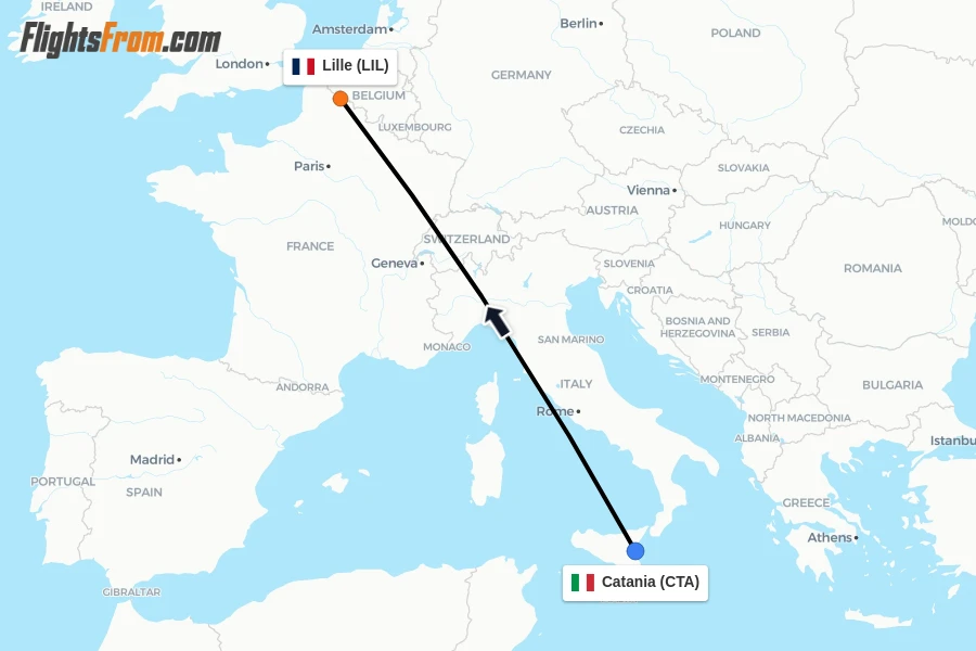 Flights from Catania to Lille route map