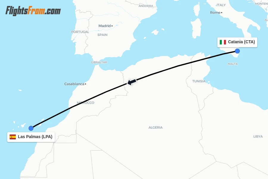 Flights from Catania to Las Palmas route map