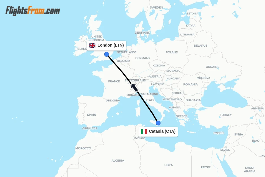 Flights from Catania to London route map