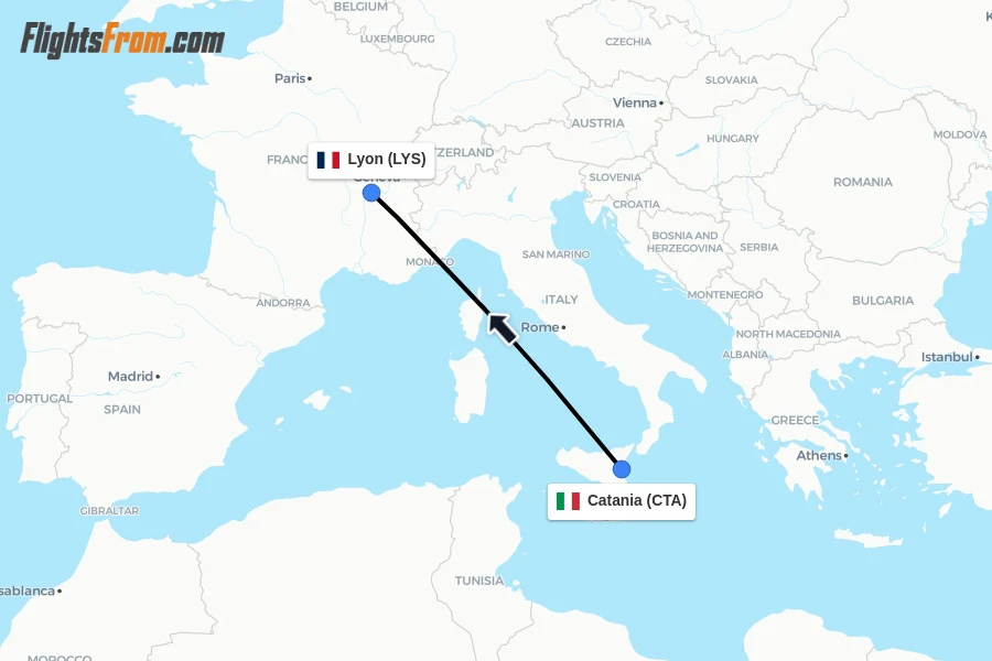Flights from Catania to Lyon route map