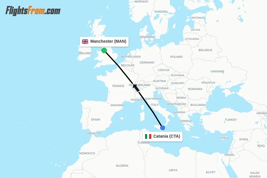 Flights from Catania to Manchester route map