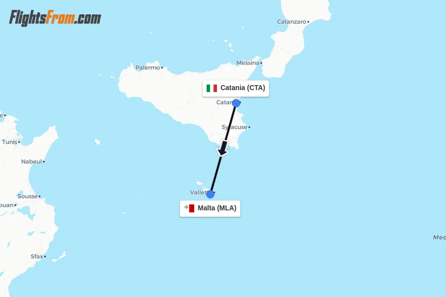 Flights from Catania to Malta route map