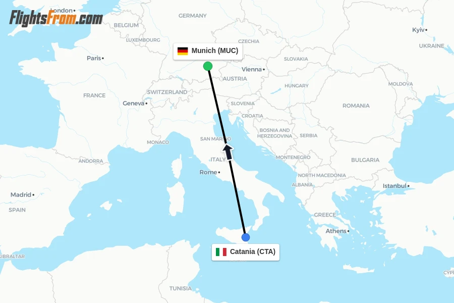 Flights from Catania to Munich route map