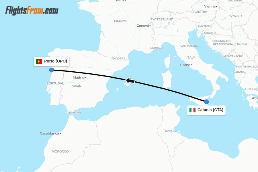 Flights from Catania to Porto route map