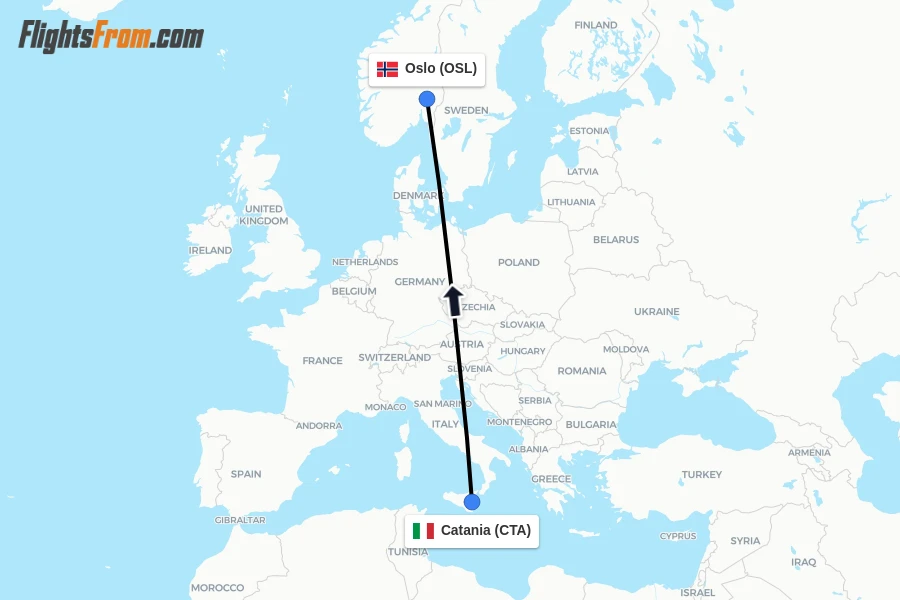 Flights from Catania to Oslo route map