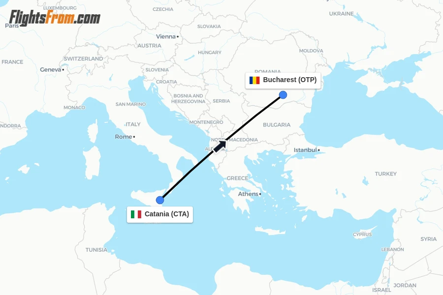 Flights from Catania to Bucharest route map