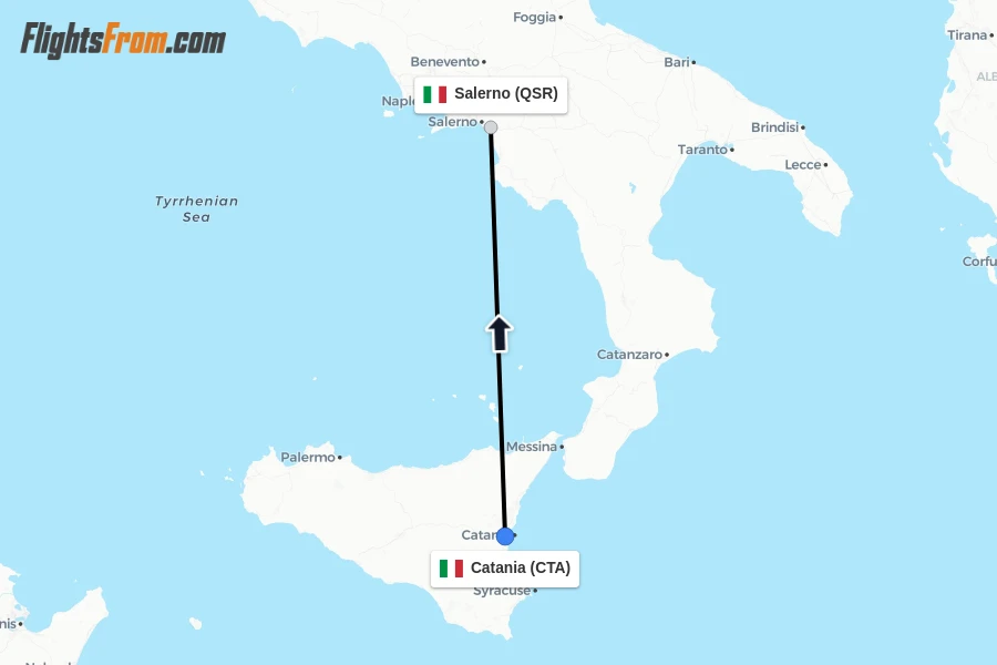 Flights from Catania to Salerno route map
