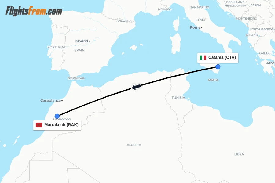 Flights from Catania to Marrakech route map