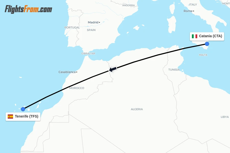 Flights from Catania to Tenerife route map