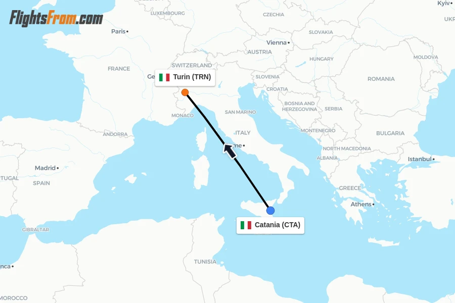 Flights from Catania to Turin route map