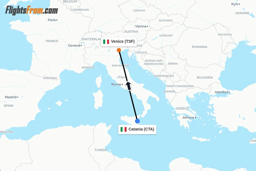 Flights from Catania to Venice route map