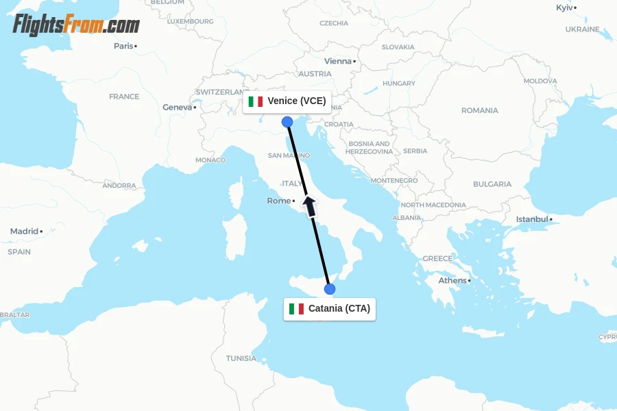 Flights from Catania to Venice route map