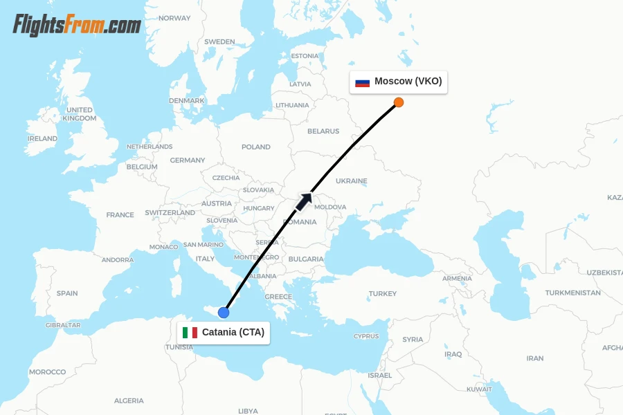 Flights from Catania to Moscow route map