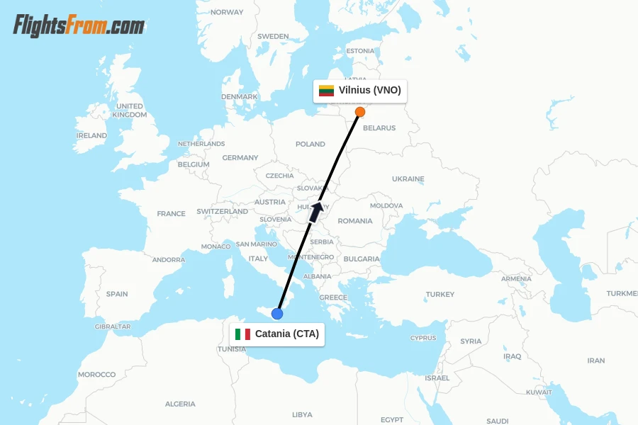 Flights from Catania to Vilnius route map