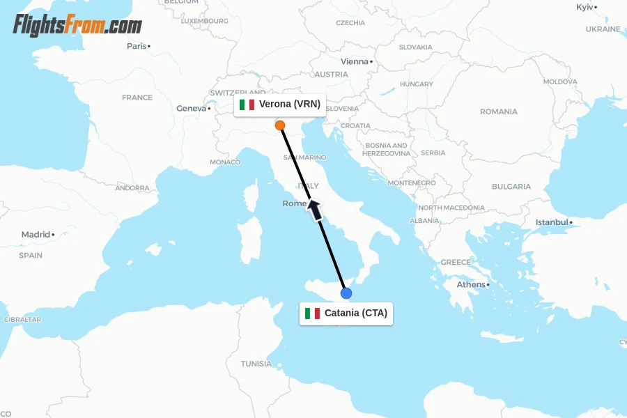 Flights from Catania to Verona route map