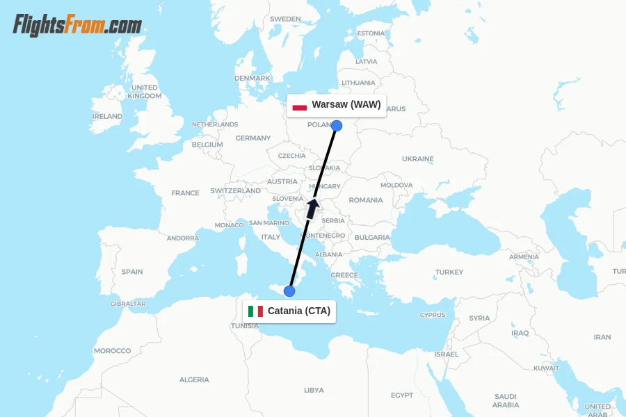 Flights from Catania to Warsaw route map