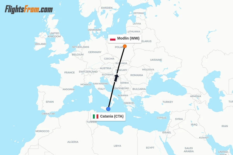 Flights from Catania to Modlin route map