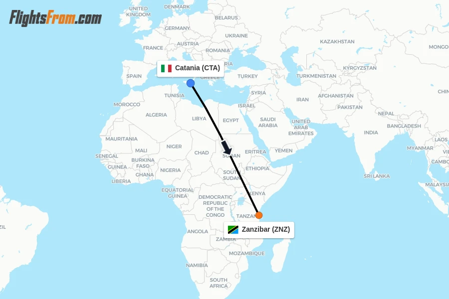 Flights from Catania to Zanzibar route map