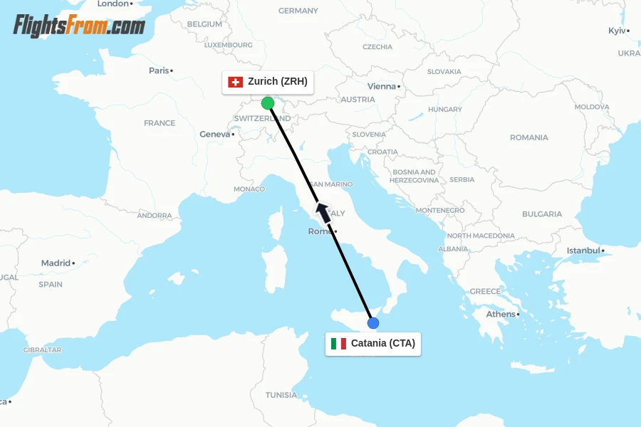 Flights from Catania to Zurich route map