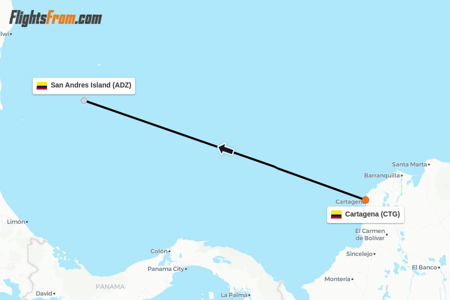 Flights from Cartagena to San Andres Island route map