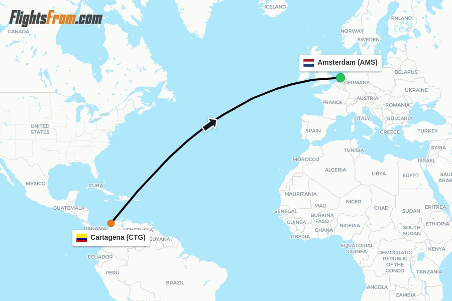 Flights from Cartagena to Amsterdam route map