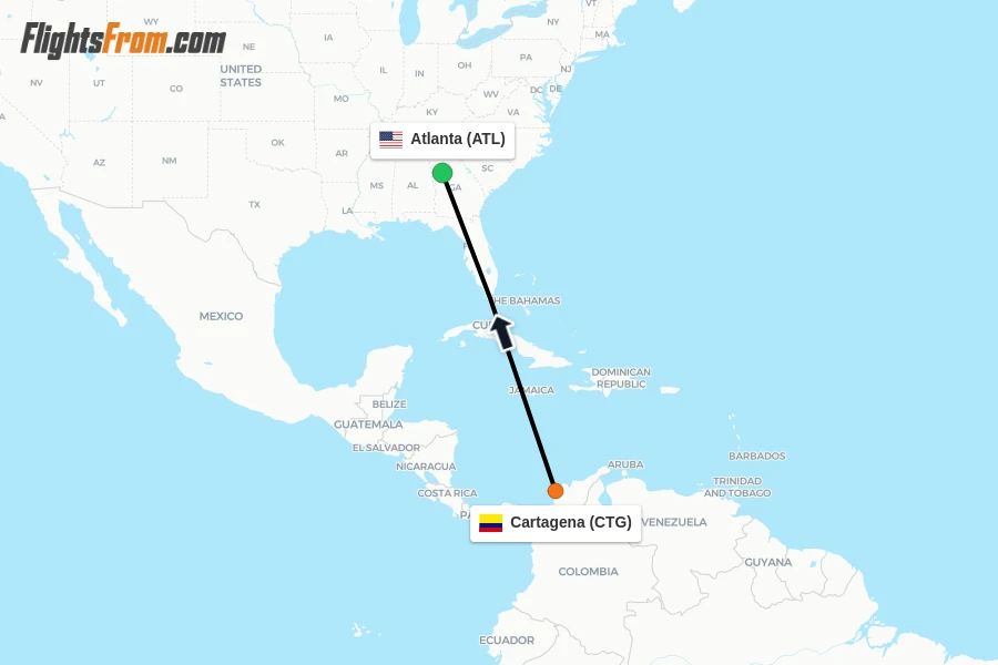 Flights from Cartagena to Atlanta route map