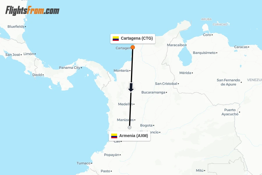 Flights from Cartagena to Armenia route map