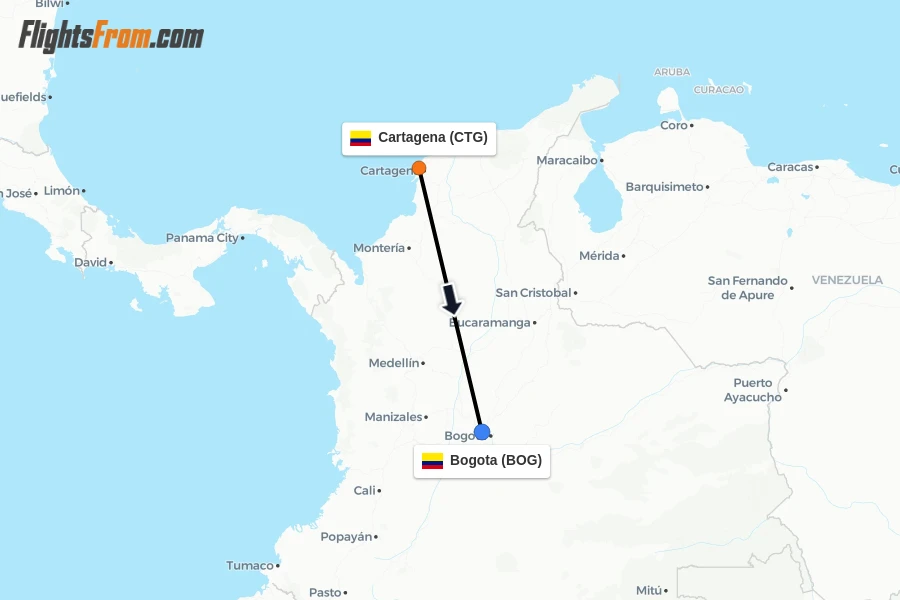 Flights from Cartagena to Bogota route map