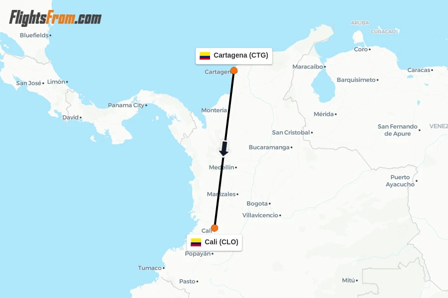 Flights from Cartagena to Cali route map