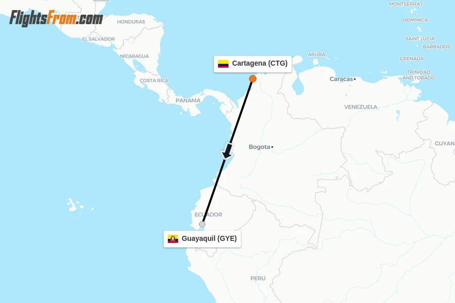 Flights from Cartagena to Guayaquil route map